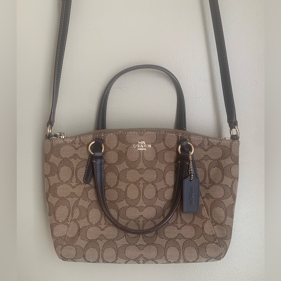 Coach Mini Kelsey Satchel In Signature Jacquard F27580 Brown tan crossbody - Picture 1 of 14
